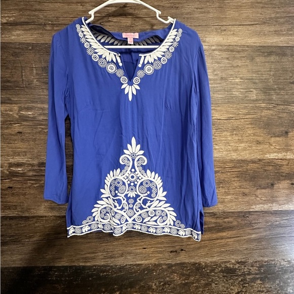 Lilly Pulitzer Blue White Embellished Blouse with 3/4 Sleeves - Picture 1 of 9